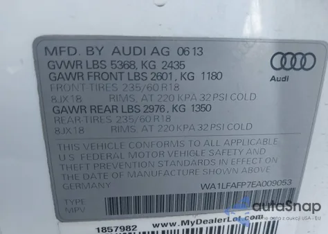 2014 Audi Q5 2.0T Premium from USA, damaged, VIN WA1LFAFP7EA009053